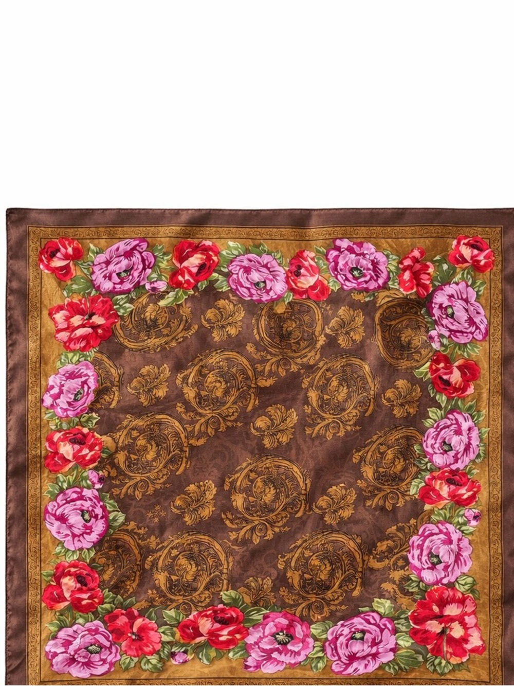 Vintage Adrienne Vittadini Silk Scarf Floral Baroque Print Brown Pink Large